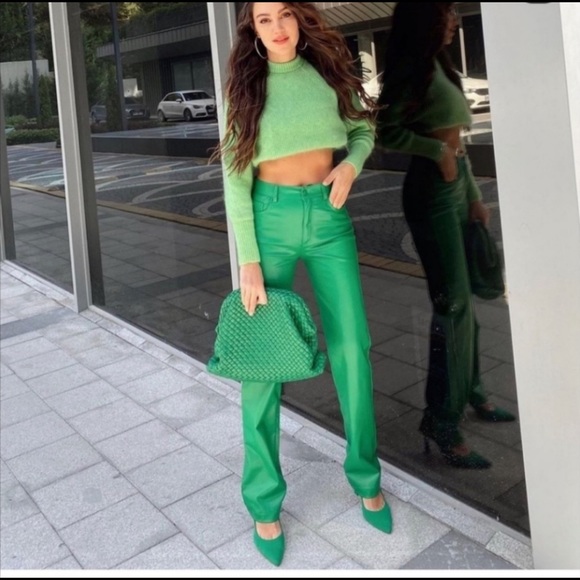 ZARA COLOURED FAUX LEATHER TROUSERS GREEN SIZE-XL - Picture 14 of 16